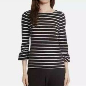 Kate Spade Broome Street Black & White Stripe Cotton Top 3/4 Sleeve with Ruffle.